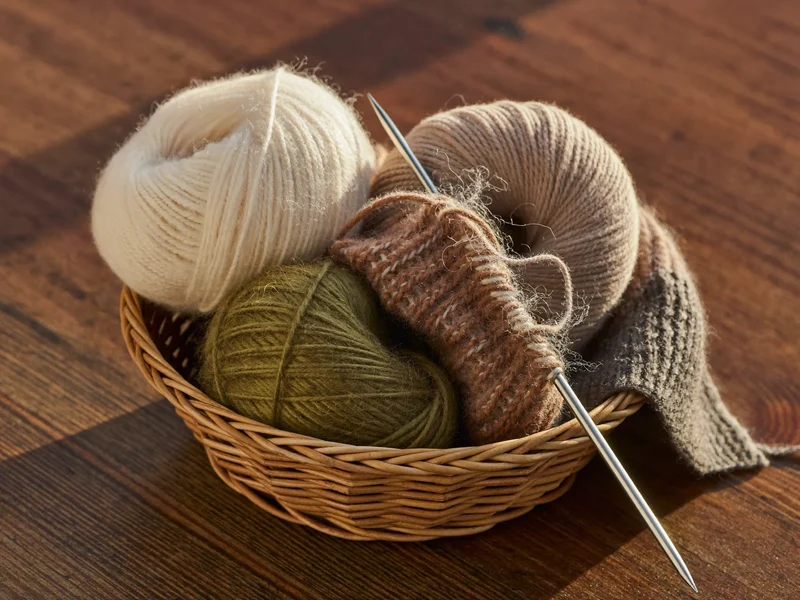 Wollknäuel in Erdtönen im Weidenkorb neben Stricknadeln mit angefangenem Strickstück